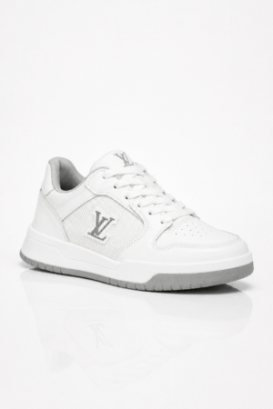 White LV-Style Low-Top Court Sneakers