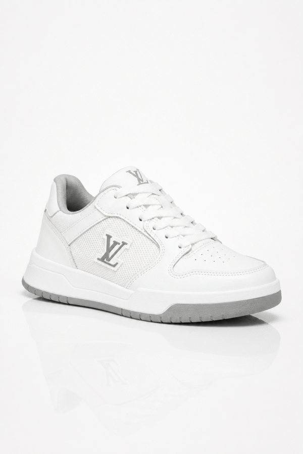White LV-Style Low-Top Court Sneakers