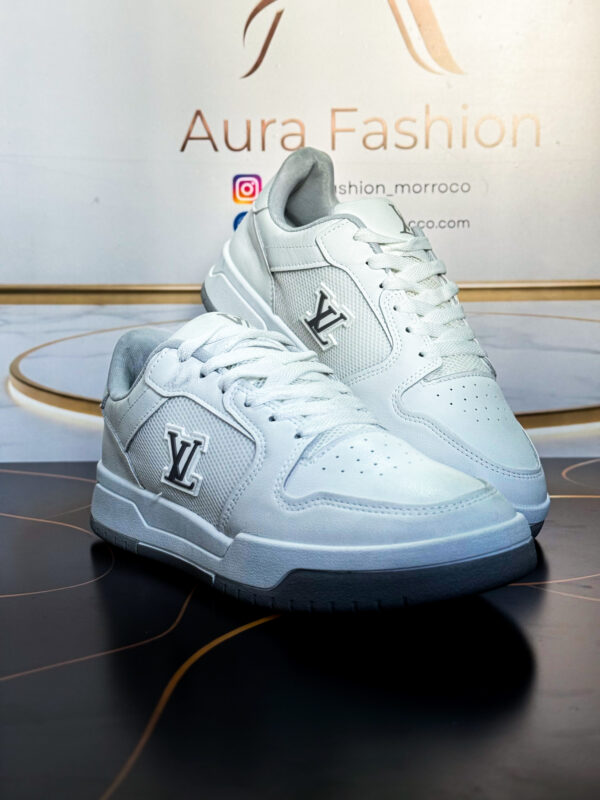 White LV-Style Low-Top Court Sneakers