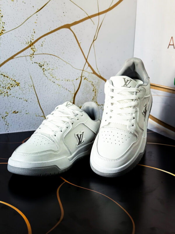 White LV-Style Low-Top Court Sneakers