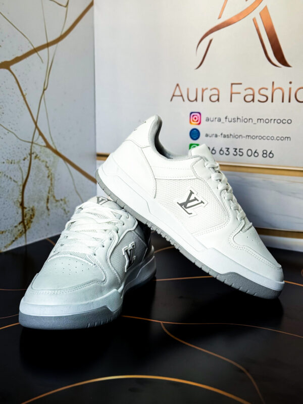White LV-Style Low-Top Court Sneakers
